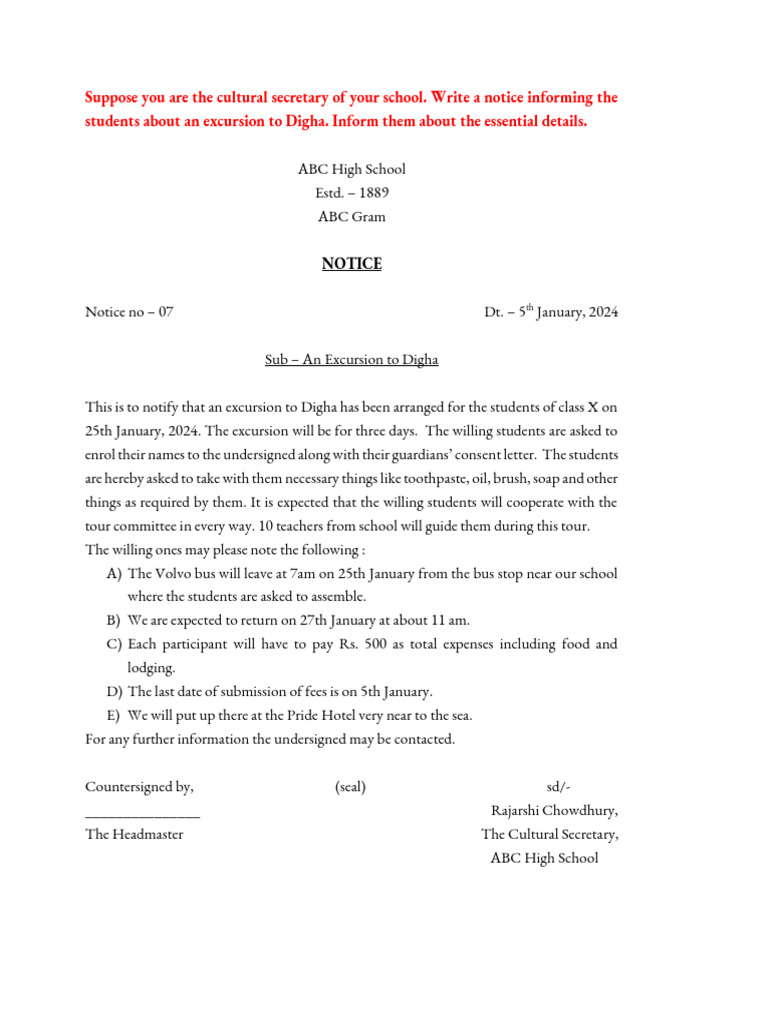 Notice - Excursion To Digha | PDF
