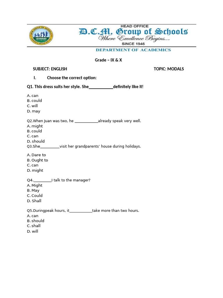 Modals Practice for Grades IX & X | PDF