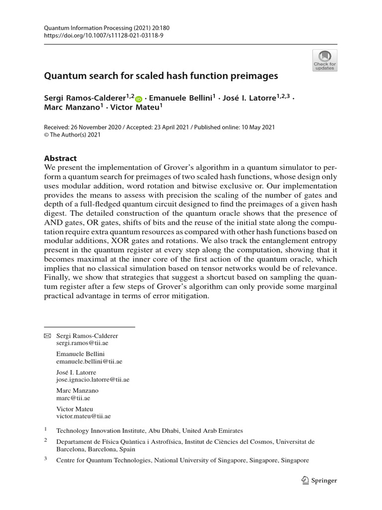 Quantum Search for Hash Function Preimages | PDF | Quantum Computing ...