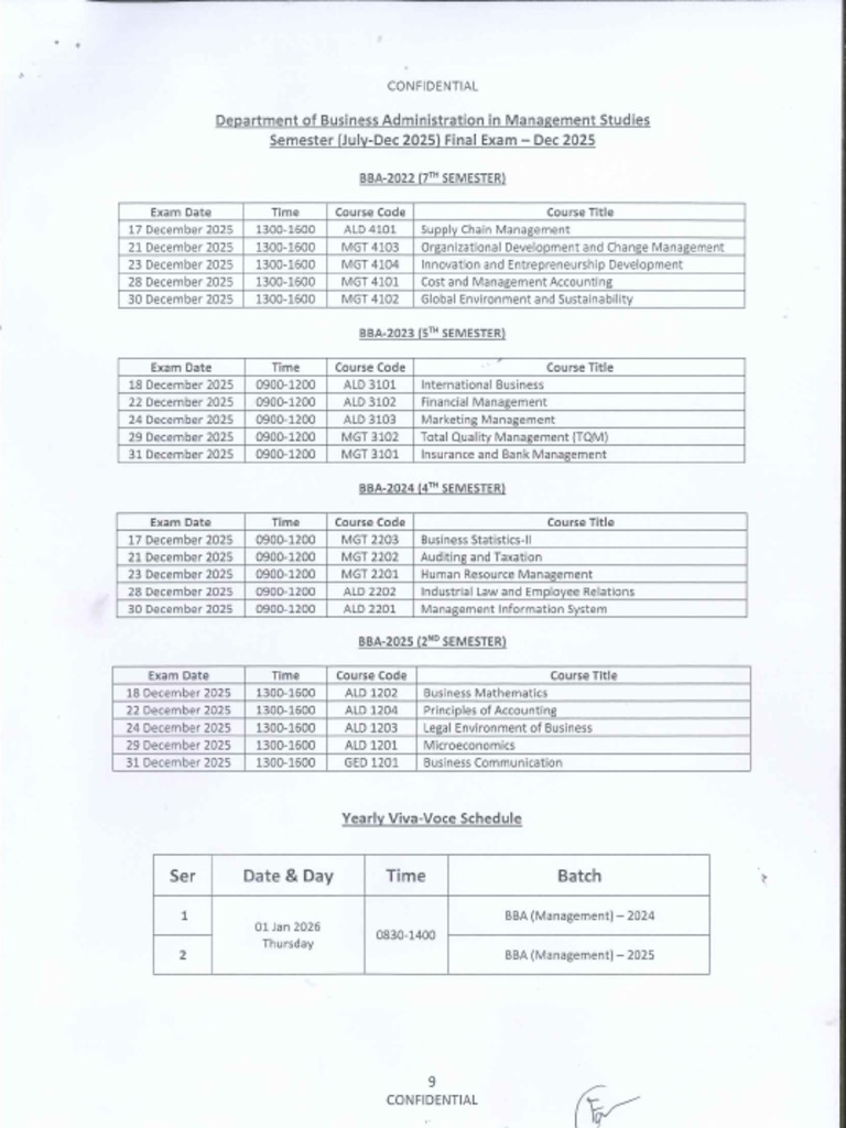 02 Sem Final Exam Routine - BBA - 24.11.2025 (Student) | PDF