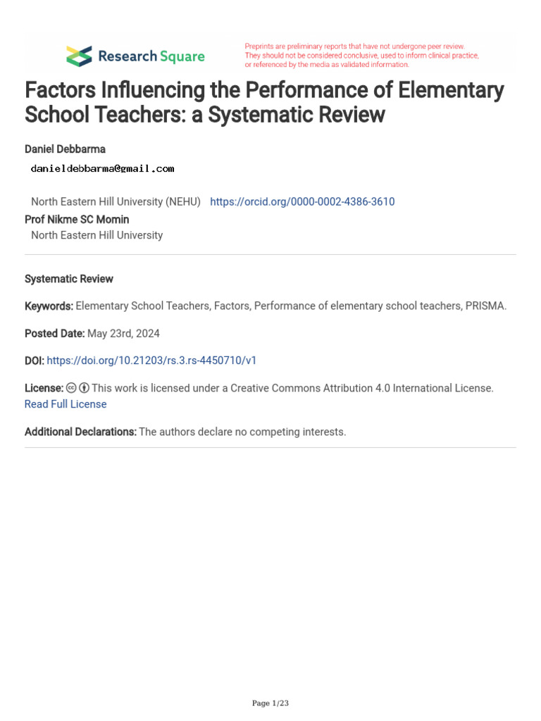 Factors Affecting Elementary Teacher Performance | PDF | Teachers ...