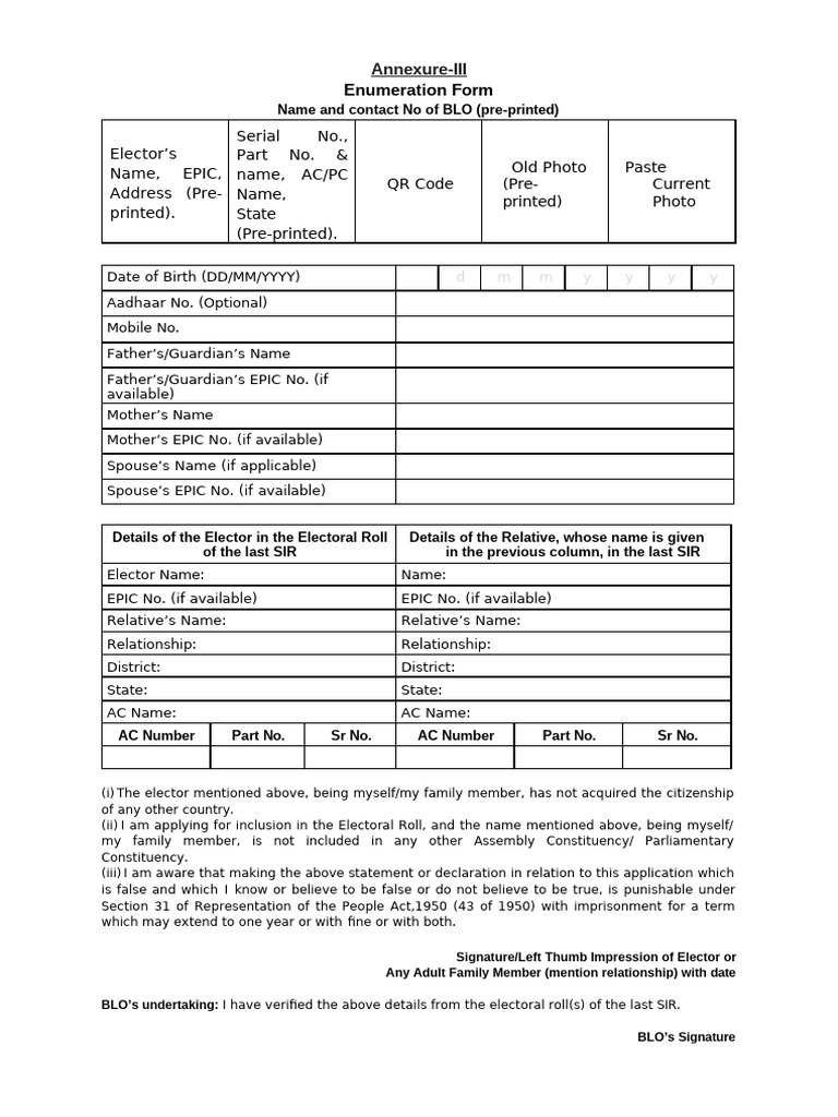 Enumeration Form | PDF | Birth Certificate | Identity Document
