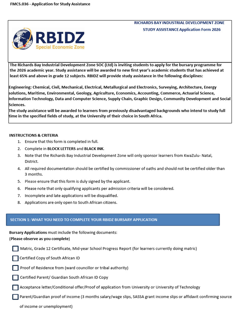 RBIDZ Bursary Application Form - 2026 | PDF | Bachelor Of Science ...