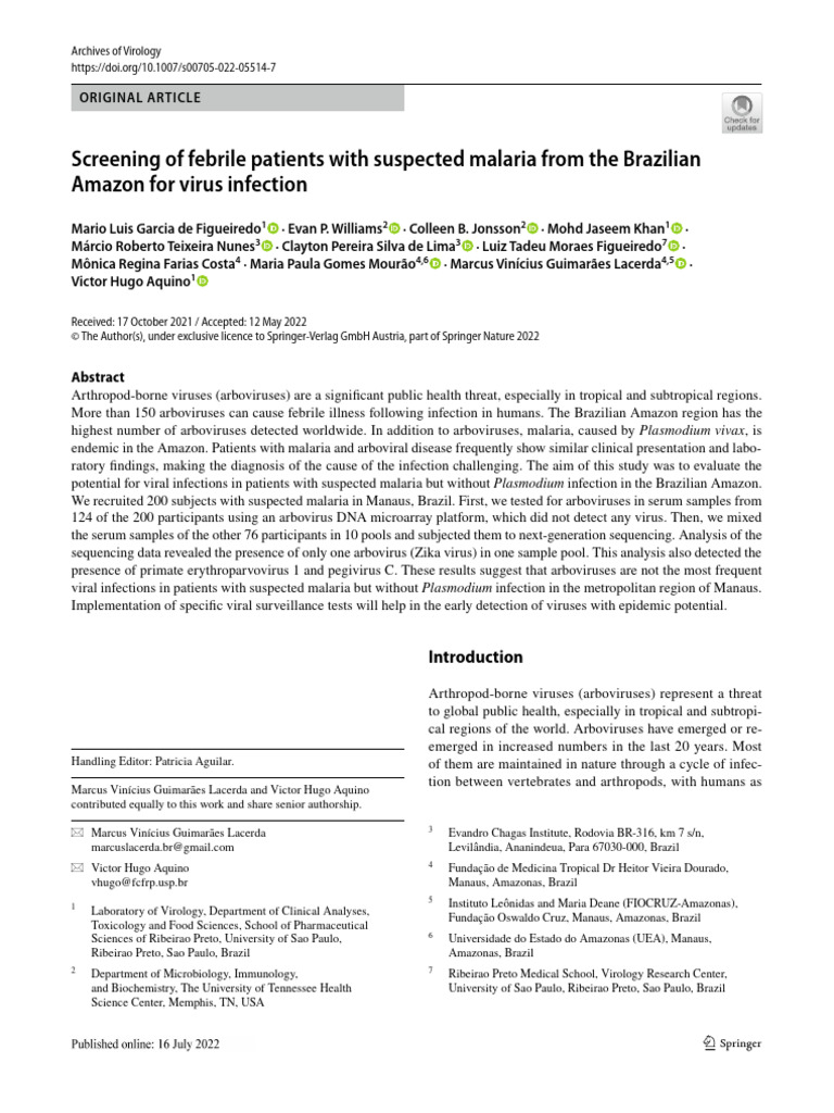 Screening of Febrile Patients With Suspected Malaria From The Brazilian ...