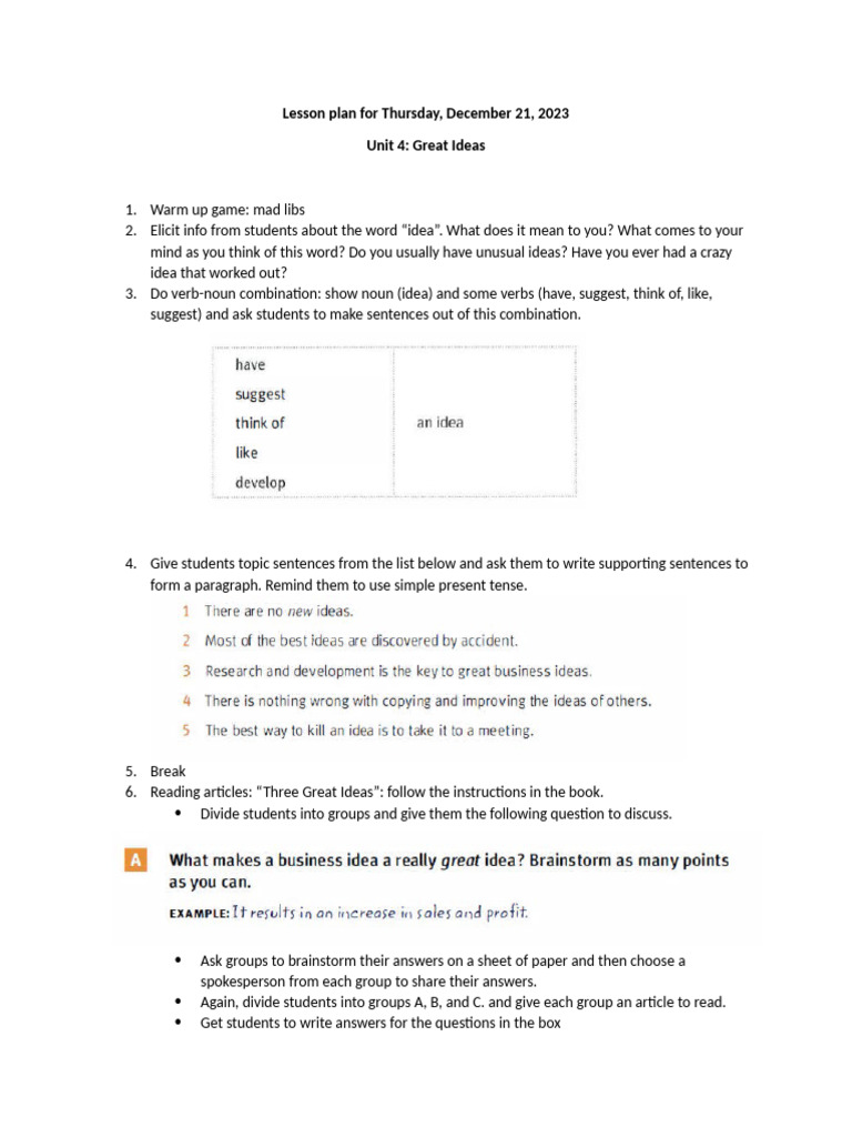 Lesson Plan: Great Ideas Activities | PDF