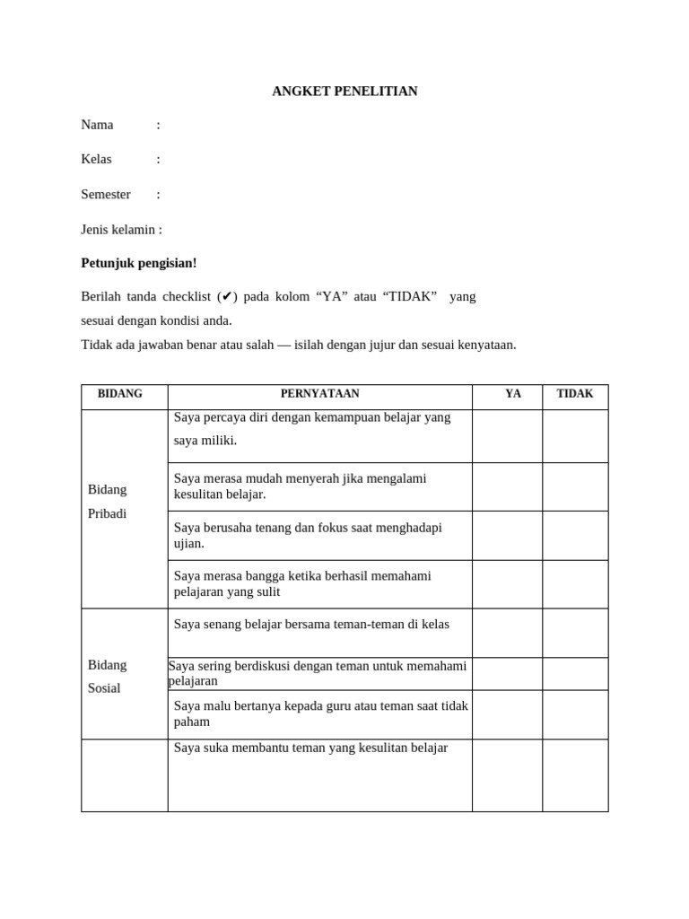 Angket Penelitian Sma 11 | PDF