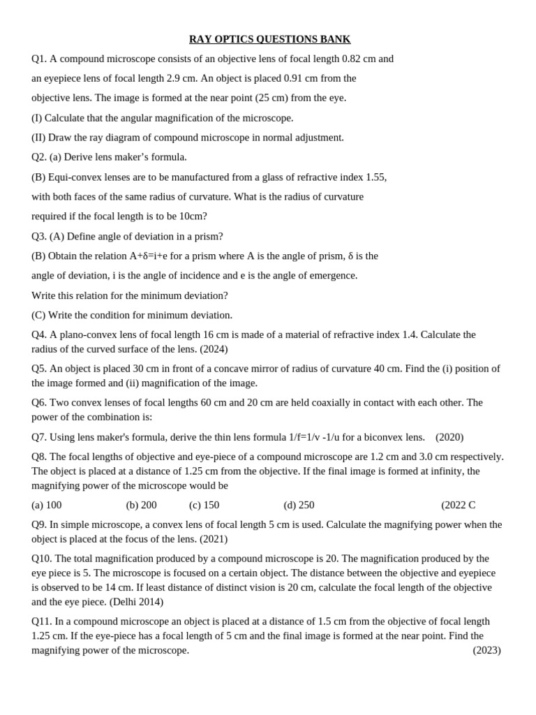Ray Optics Questions Bank for Students | PDF | Lenses | Optics