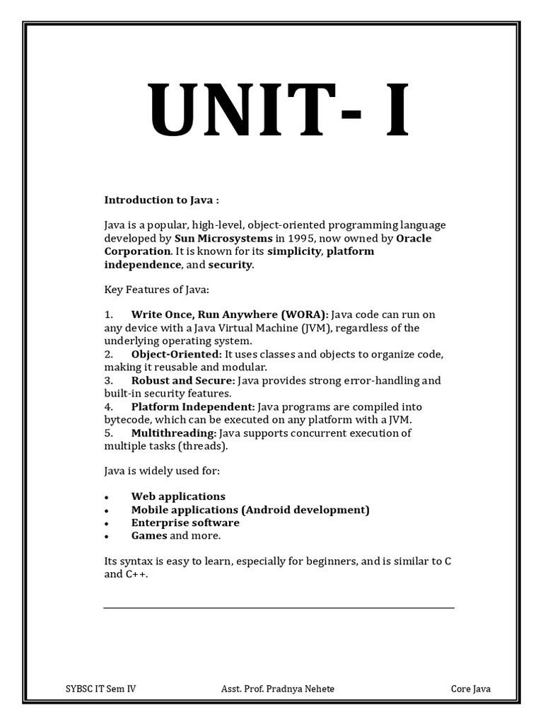 Sybsc It - Sem IV - Core Java - Unit I | PDF | Programming ...
