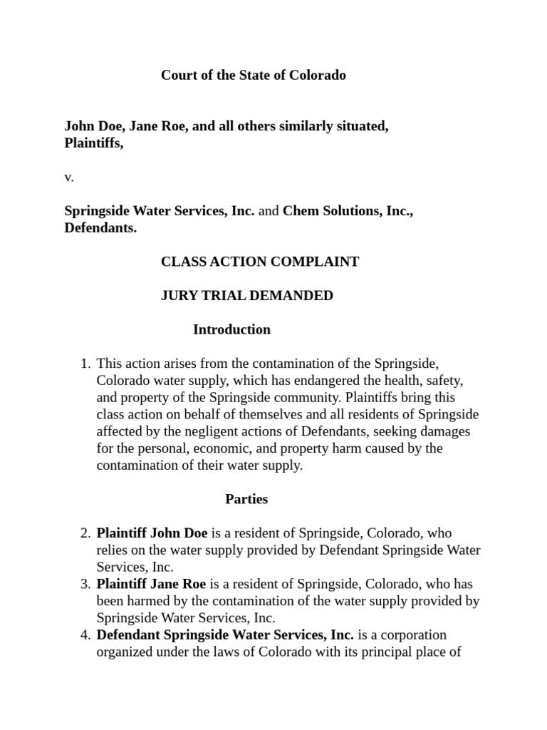 Springside Water Contamination Class Action | PDF | Class Action | Damages