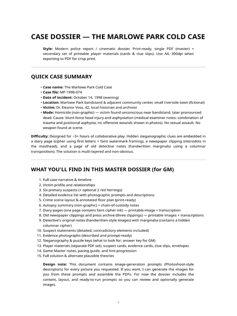 Dossier - The Marlowe Park Cold Case - Printable Master Dossier | PDF
