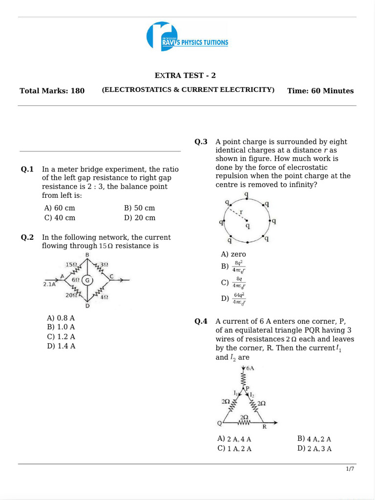 Electrostatics and Current Electricity Quiz | PDF | Capacitor | Capacitance