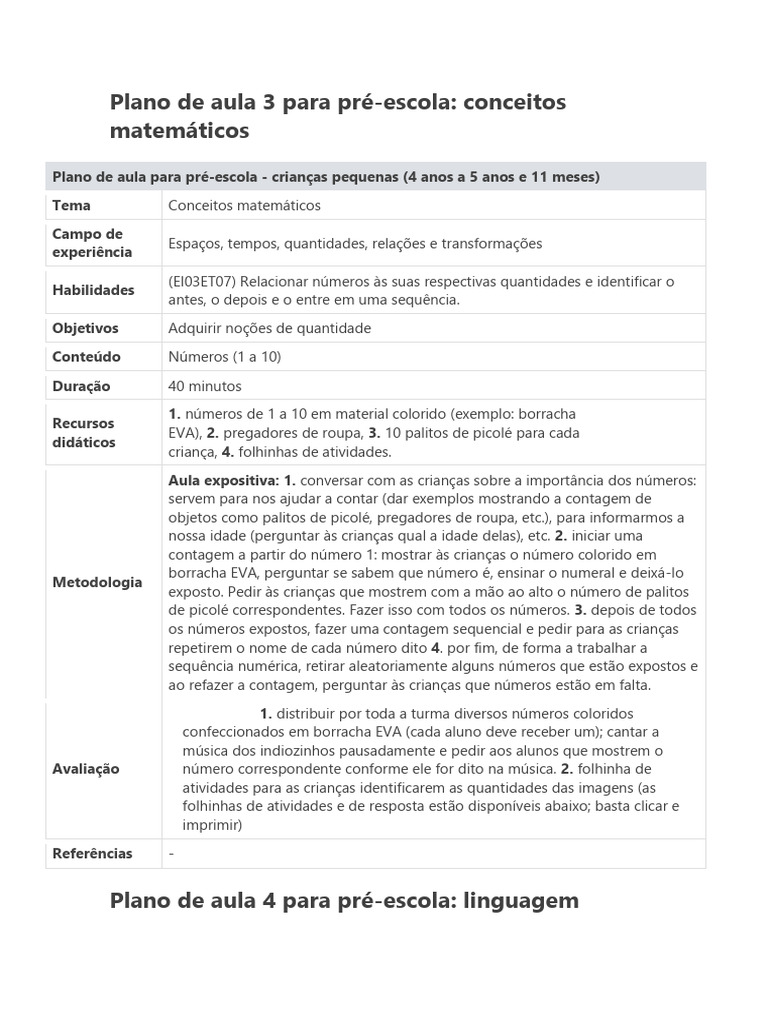 Planos de Aula para Pré-Escola: Matemática e Linguagem | PDF | Educação ...