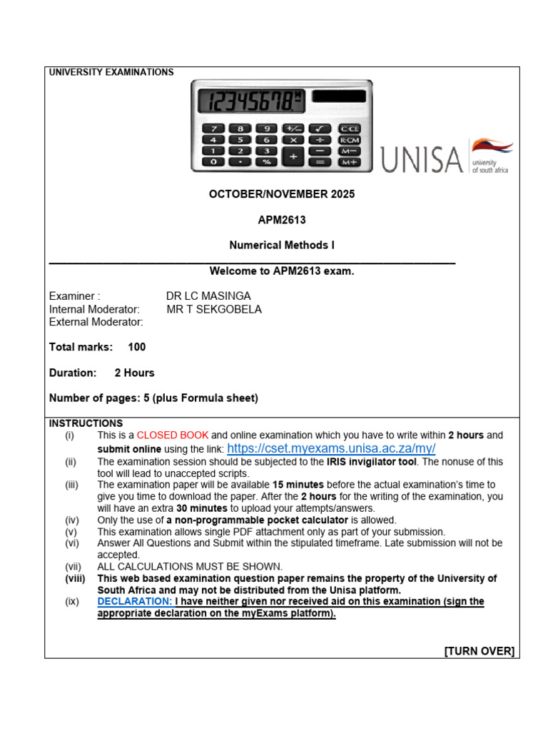 APM2613 Numerical Methods Exam Guide | PDF | Interpolation | Plagiarism