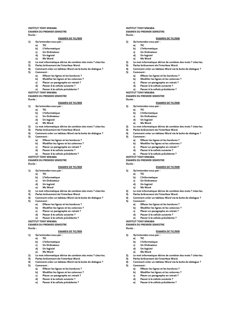 Examen TIC : Questions et Réponses | PDF | Microsoft Word | Informatique
