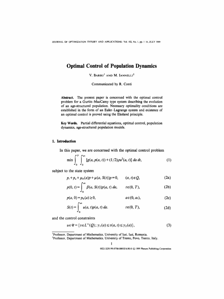 Optimal Control in Population Dynamics | PDF | Optimal Control ...