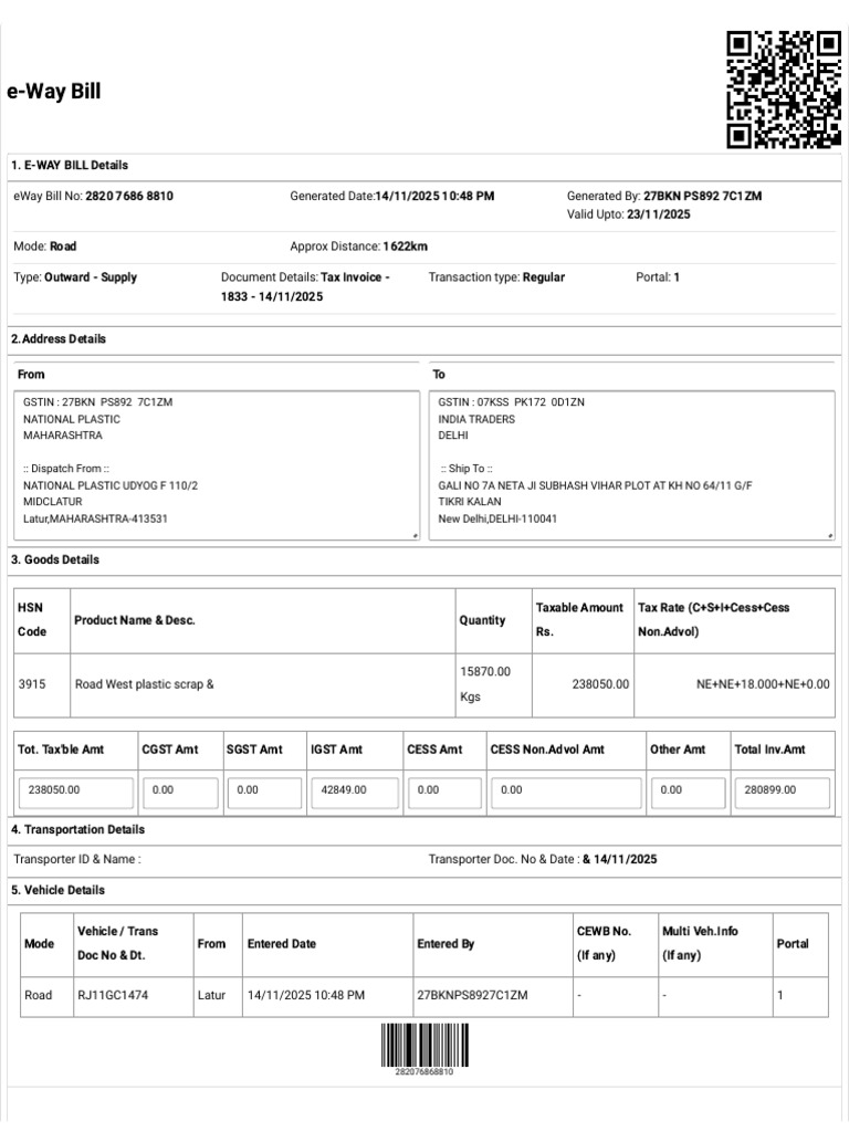 E-Way Bill Details and Transportation Info | PDF | Sales | Public Finance