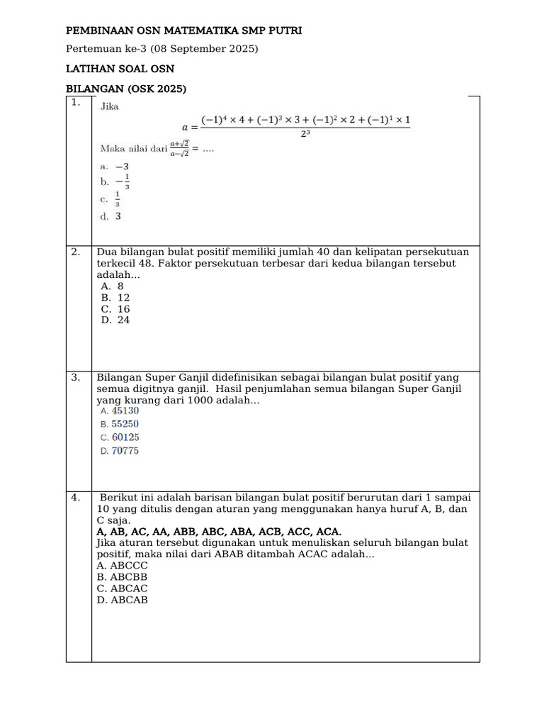 Latihan Soal OSN Matematika SMP 2025 | PDF