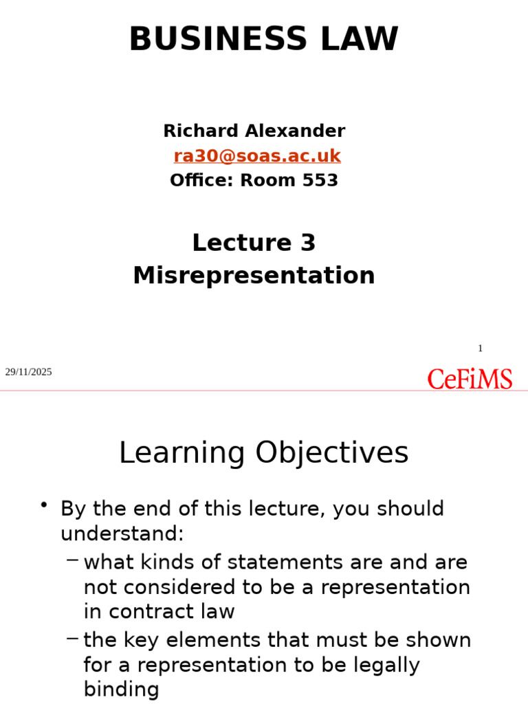 Business Law Lecture 3 Slides-2 | PDF | Misrepresentation | Consent