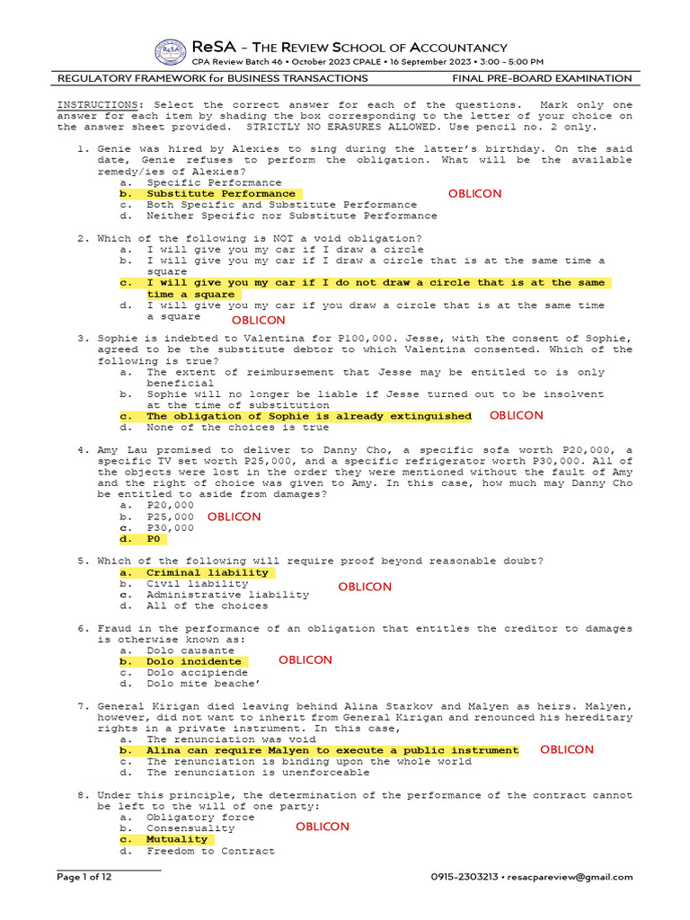 CPA Review Final Pre-Board Exam 2023 | PDF | Corporations | Insurance