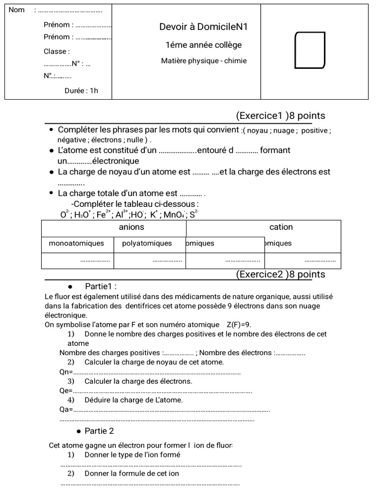 Devoir de Physique-Chimie Collège 1ère et 2ème Année | PDF | Atomes | Ion