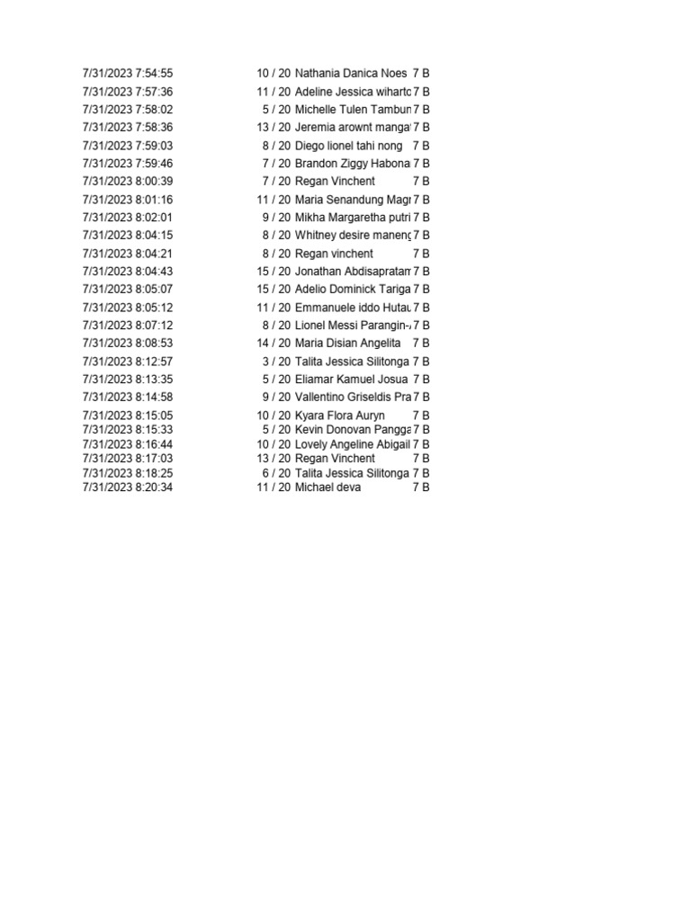Student List for Class 7B | PDF
