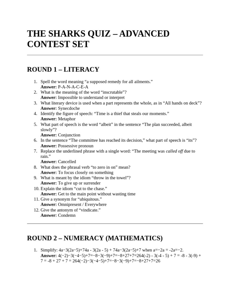 Advanced Sharks Quiz: Literacy & Numeracy | PDF