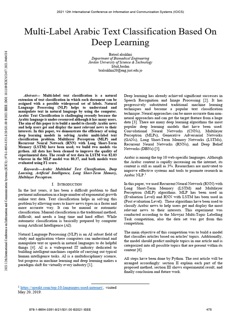 6-Multi-Label Arabic Text Classification Based On Deep Learning 1 | PDF ...