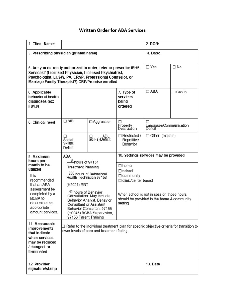 ABA Services Written Order Template | PDF | Mental Health ...
