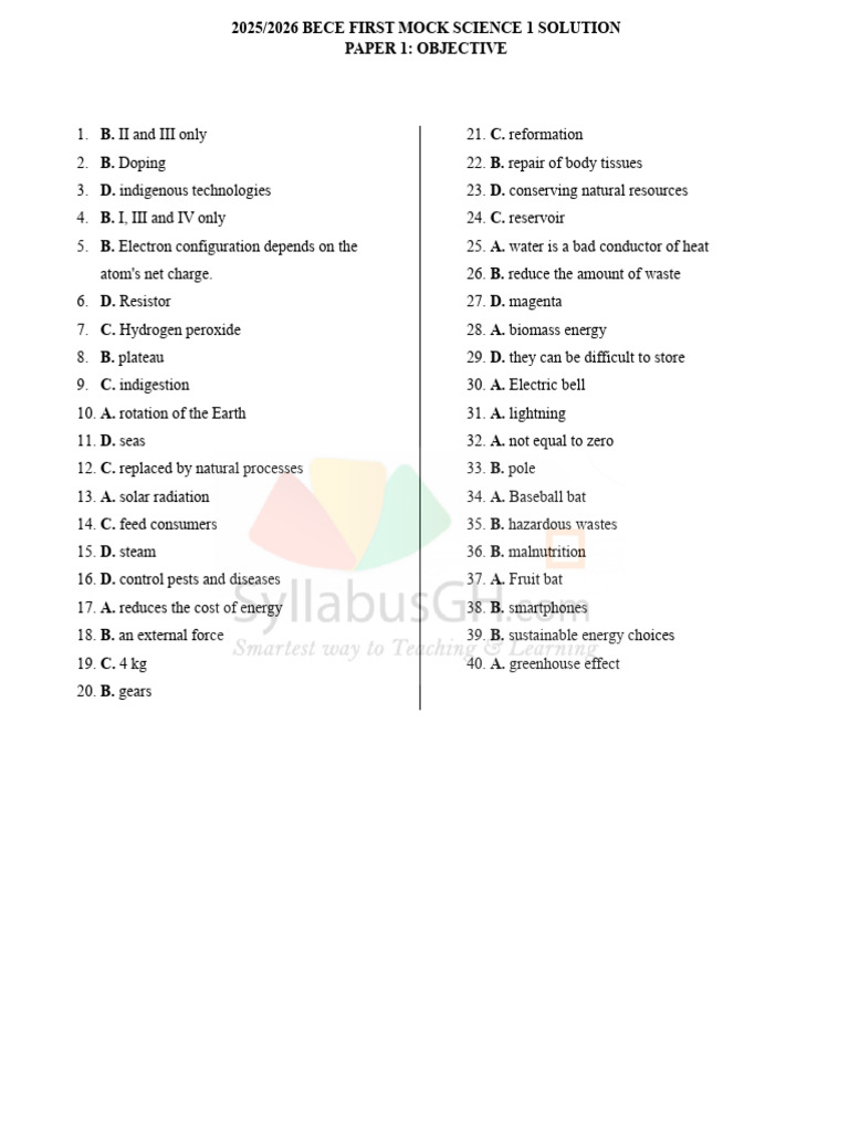 2025/2026 BECE Mock Science Solutions | PDF
