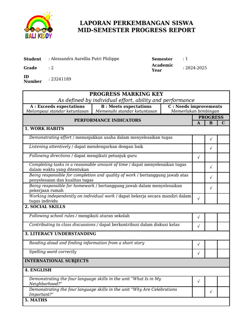 Grade 2 Progress Report Template | PDF