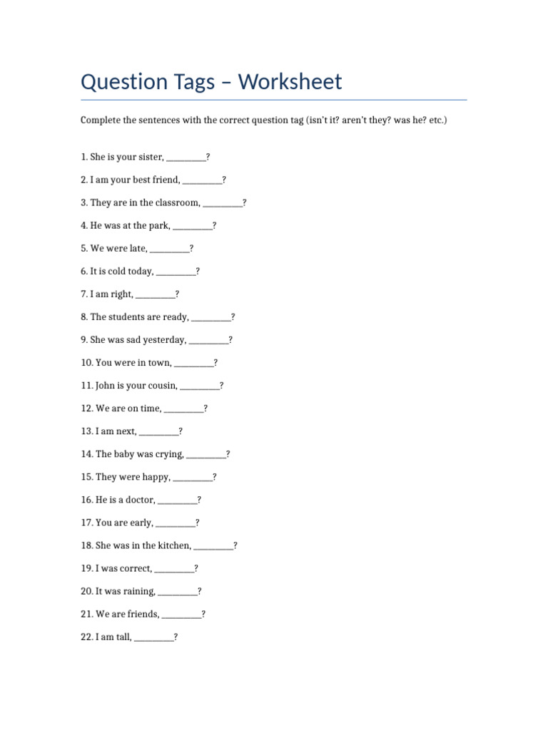 Question Tags Worksheet for Practice | PDF