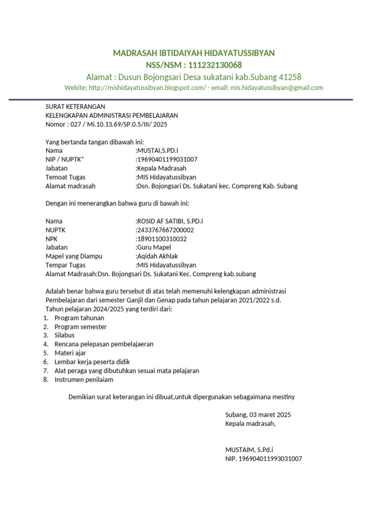 Surat Keterangan Administrasi Pembelajaran | PDF