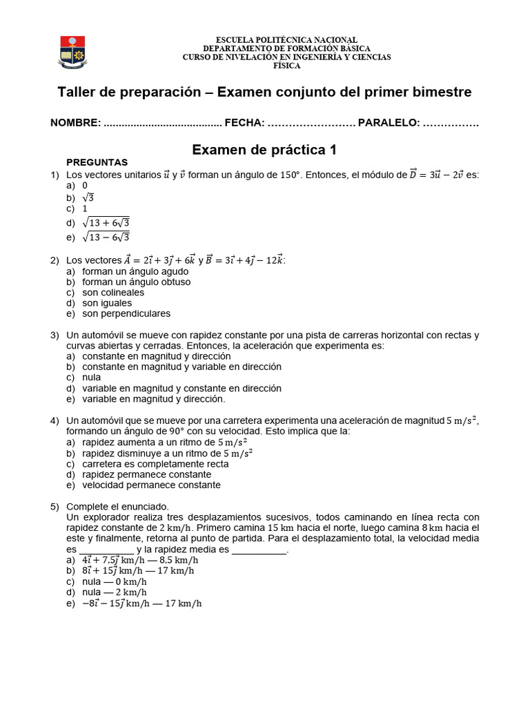 Taller de Repaso - Examen Primer Bimestre VB | PDF | Aceleración ...