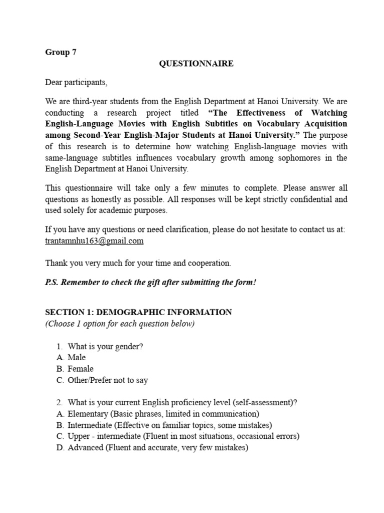Group 7 - Questionnaire. | PDF | English Language | Vocabulary