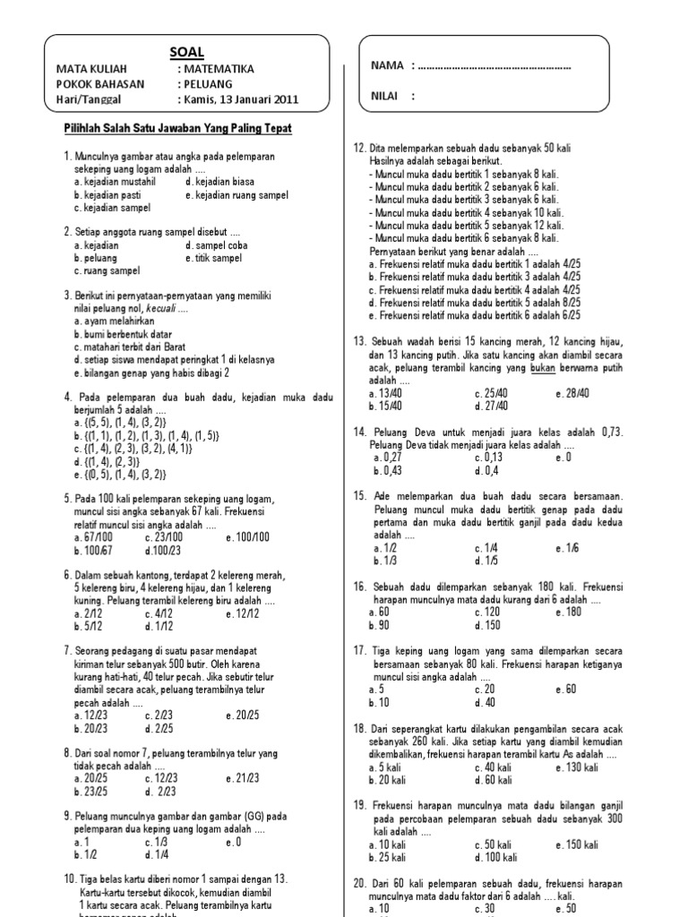 Contoh Soal Frekuensi Harapan Muncul Mata Dadu Terkait Mata
