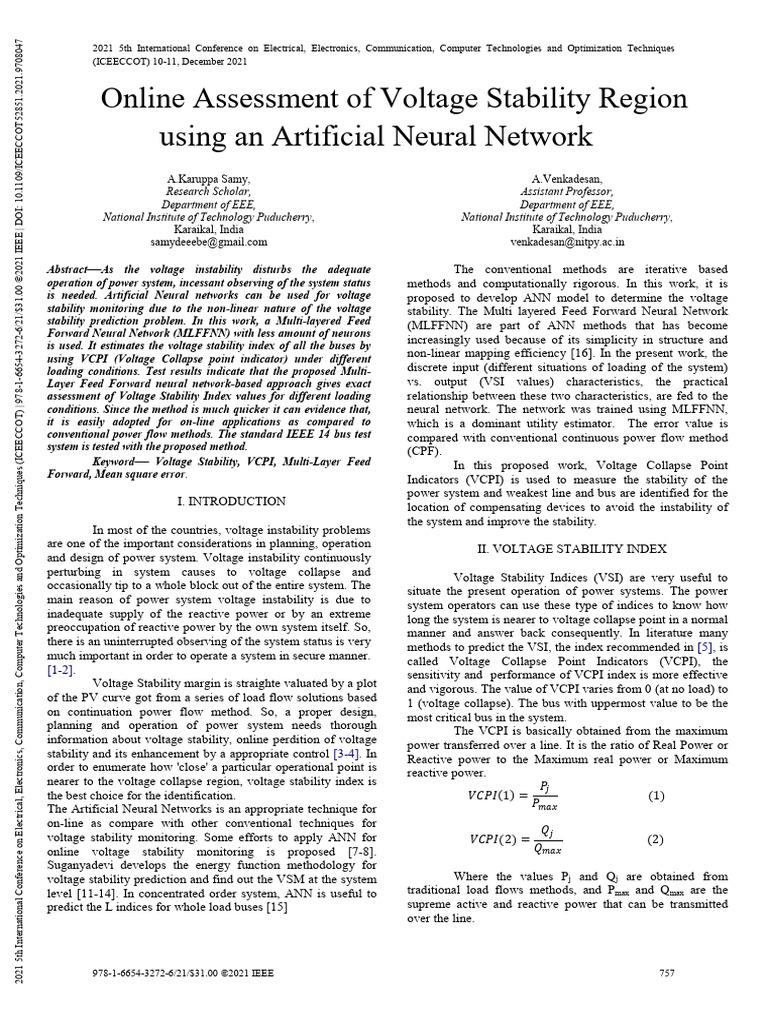 Online Assessment of Voltage Stability Region Using An Artificial ...