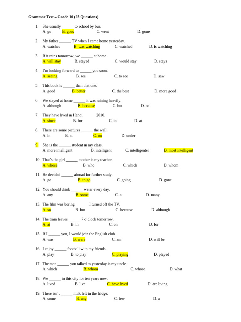 Grade 10 Grammar Test Questions | PDF | Linguistic Morphology | Linguistics