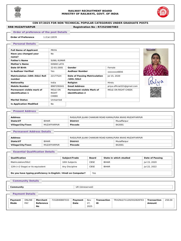 Order of Preference of The Post Details: Railway Recruitment Board ...