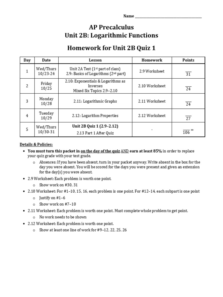 AP Precalculus Unit 2B Logarithmic Homework | PDF | Logarithm ...