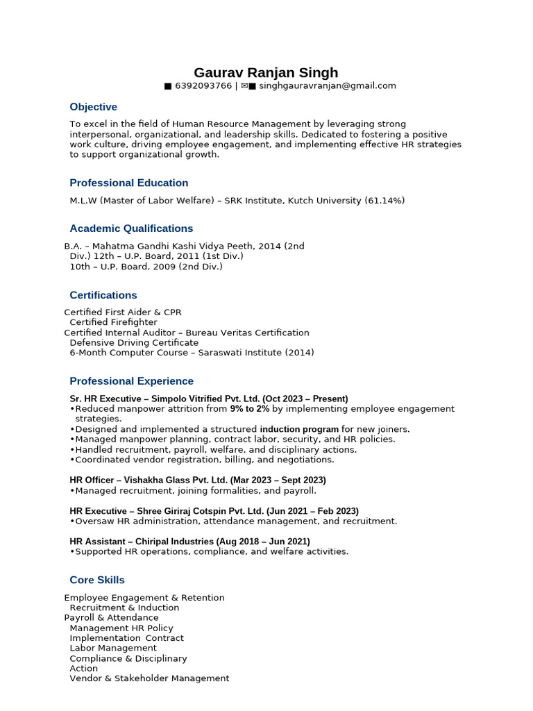HR Management Resume of Gaurav Singh | PDF