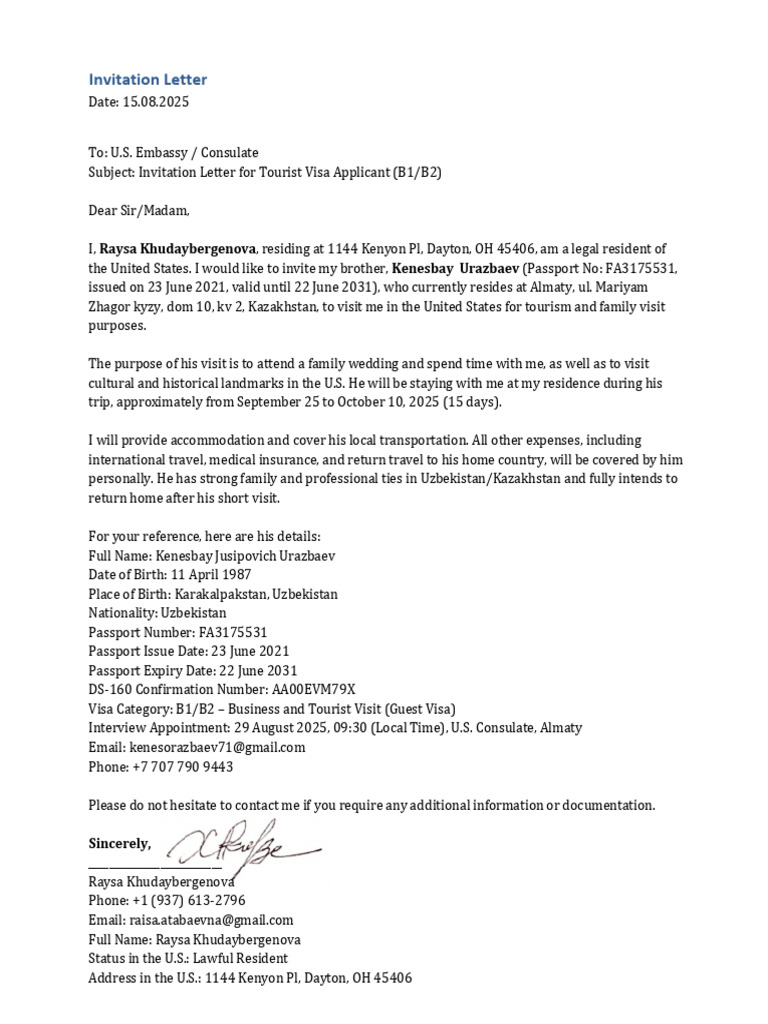 Invitation Letter US Visa Final | PDF