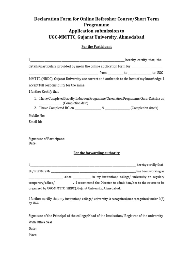 UGC-MMTTC Course Declaration Form | PDF