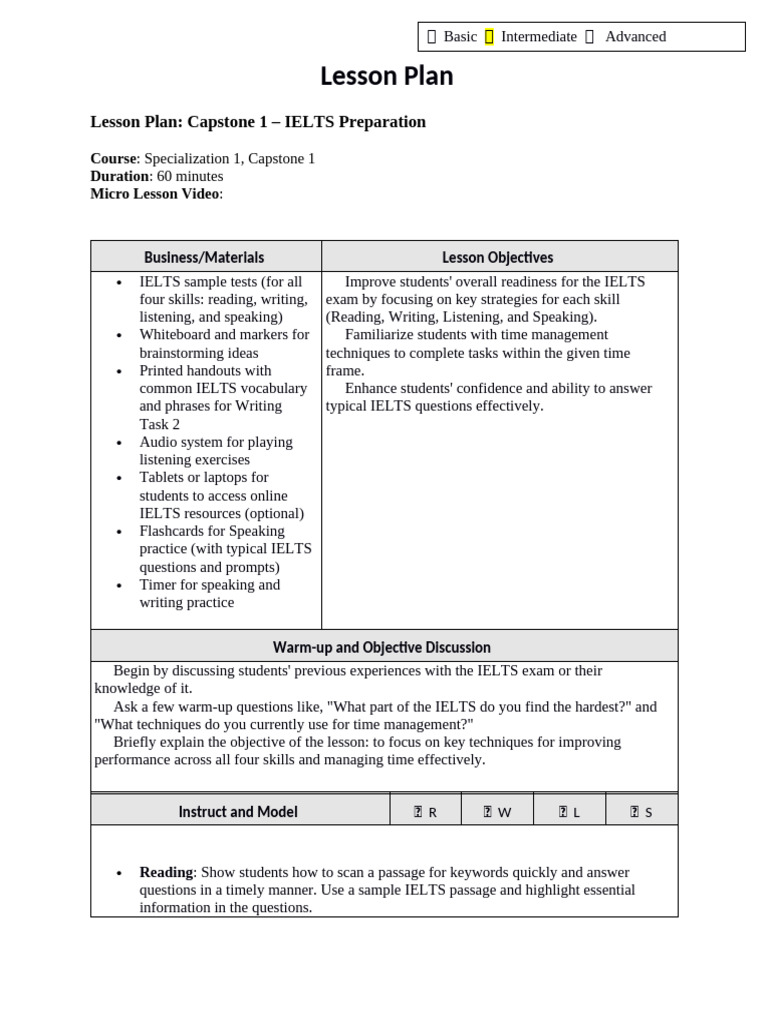 IELTS Preparation Lesson Plan | PDF | International English Language ...