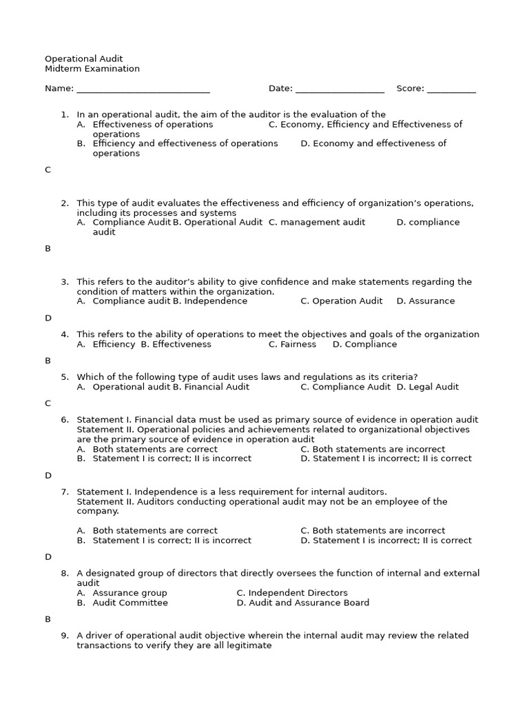 Operational Audit Midterm Exam Guide | PDF | Audit | Internal Control