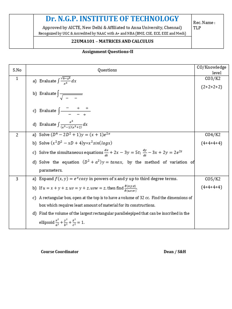 Assignment Matrices and Calculus-2 | PDF | Mathematical Physics | Algebra
