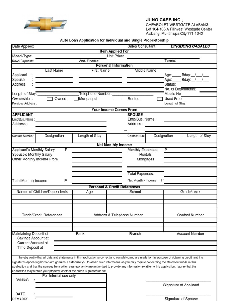 Auto Loan Application Form Template | PDF