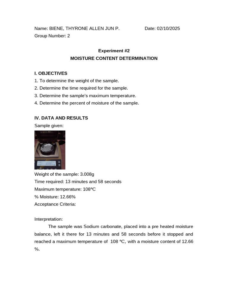 Moisture Content Determination Experiment | PDF