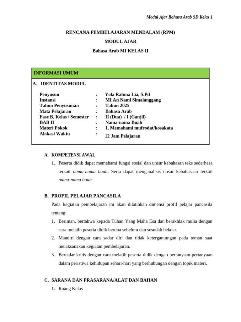 Modul Ajar Bahasa Arab Kelas 1 SD | PDF