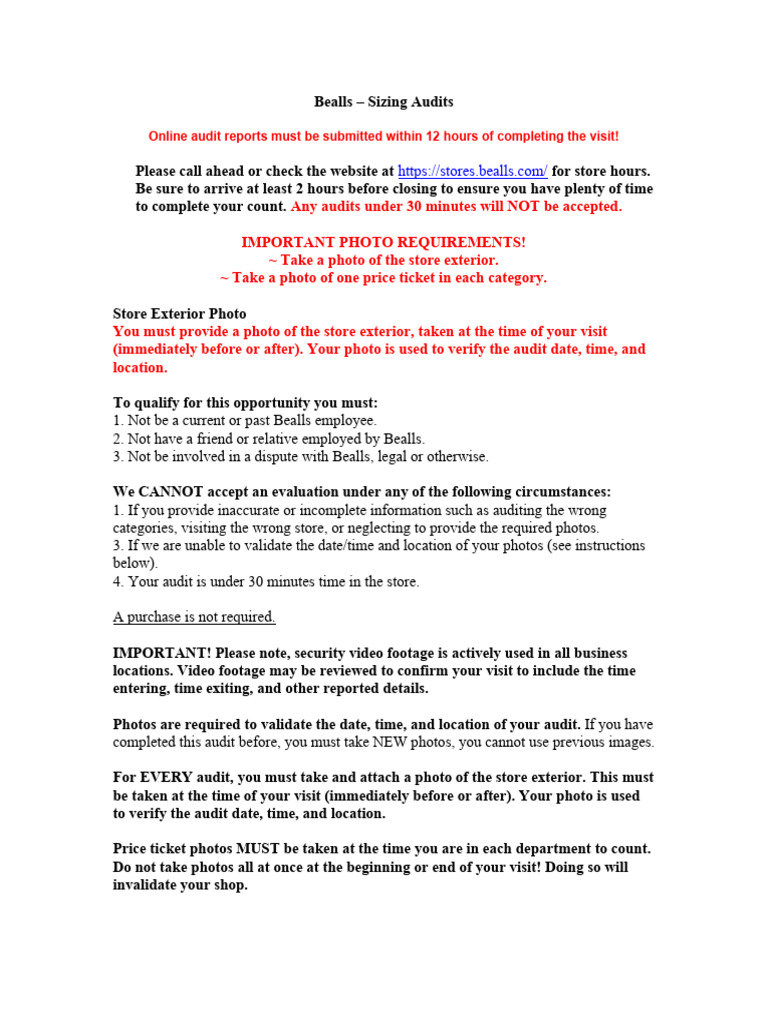 Bealls Sizing Audit Guidelines PDF Mobile App Smartphone