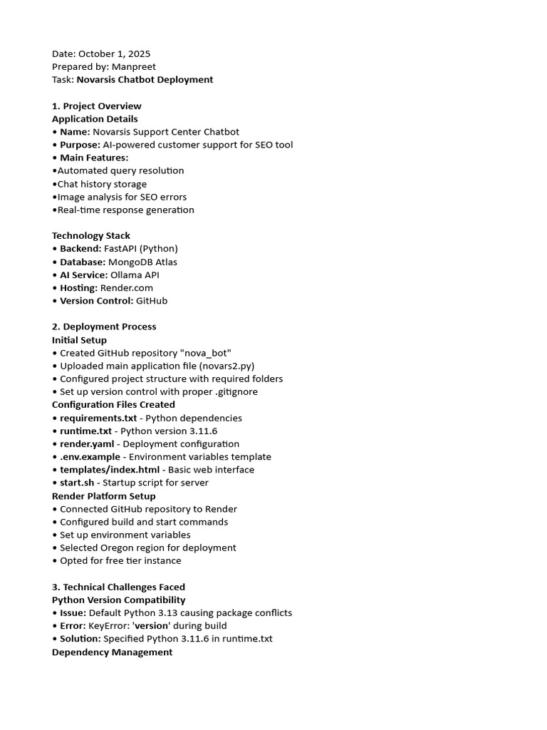 Report Oct 1 Novarsis Chatbot Deployment | PDF | Python (Programming ...